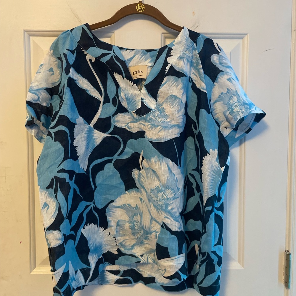 100% Linen Elie Tahari Women's Blue and White Floral Blouse Petite Large
